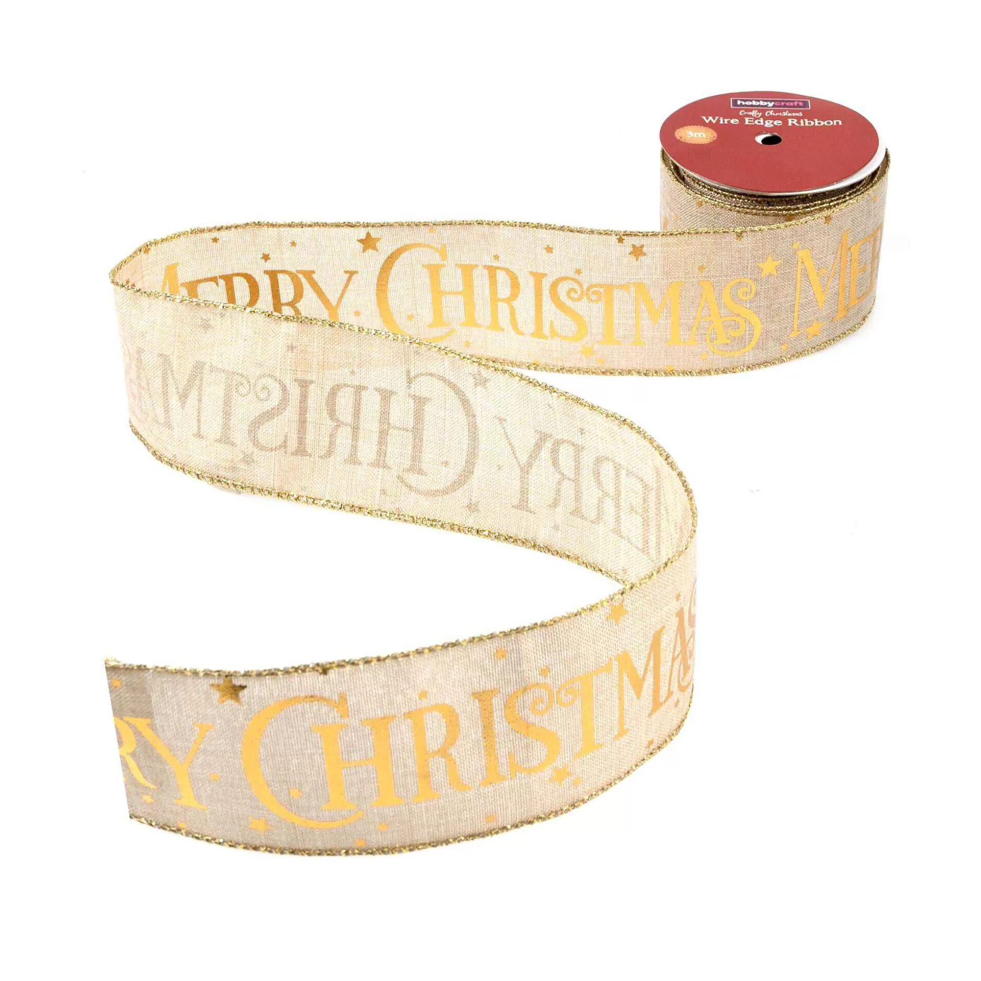 Gold Merry Christmas Wire Edge Ribbon 63Mm X 3M-Hobbycraft Cheap